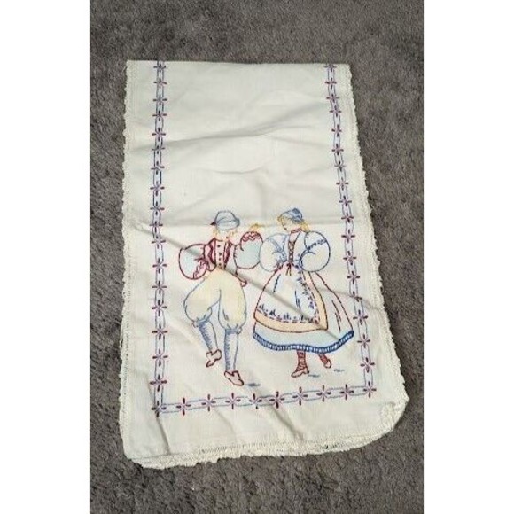 Vintage Handmade Cross Stitched Linen Tea Towel Dutch Dancers - Picture 2 of 4